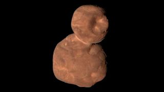 Composite image of the Kuiper Belt object Arrokoth, as photographed by NASA's New Horizons spacecraft in 2019.