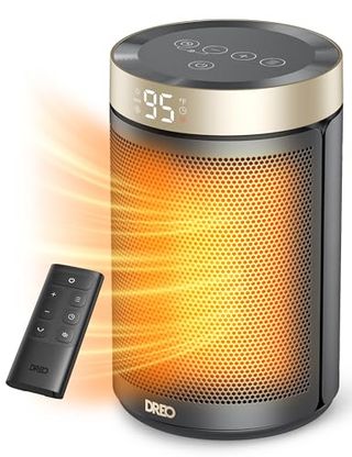 Dreo Space Heater with orange heat rays and black remote