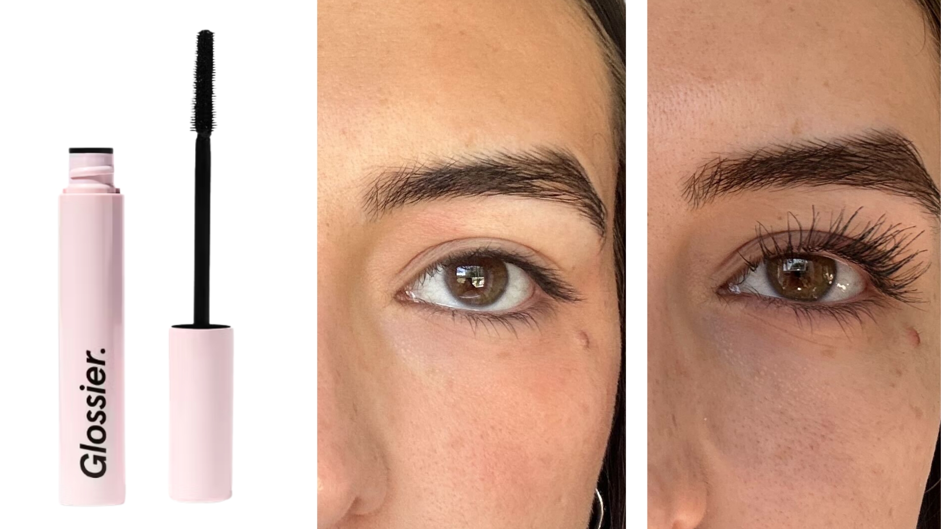 On the left, is a product shot of the Glossier Lash Slick mascara on a white background, followed by a close-up, before and after picture of Digital Beauty Writer, Sennen Prickett&#039;s eyelashes with and without the Glossier mascara applied