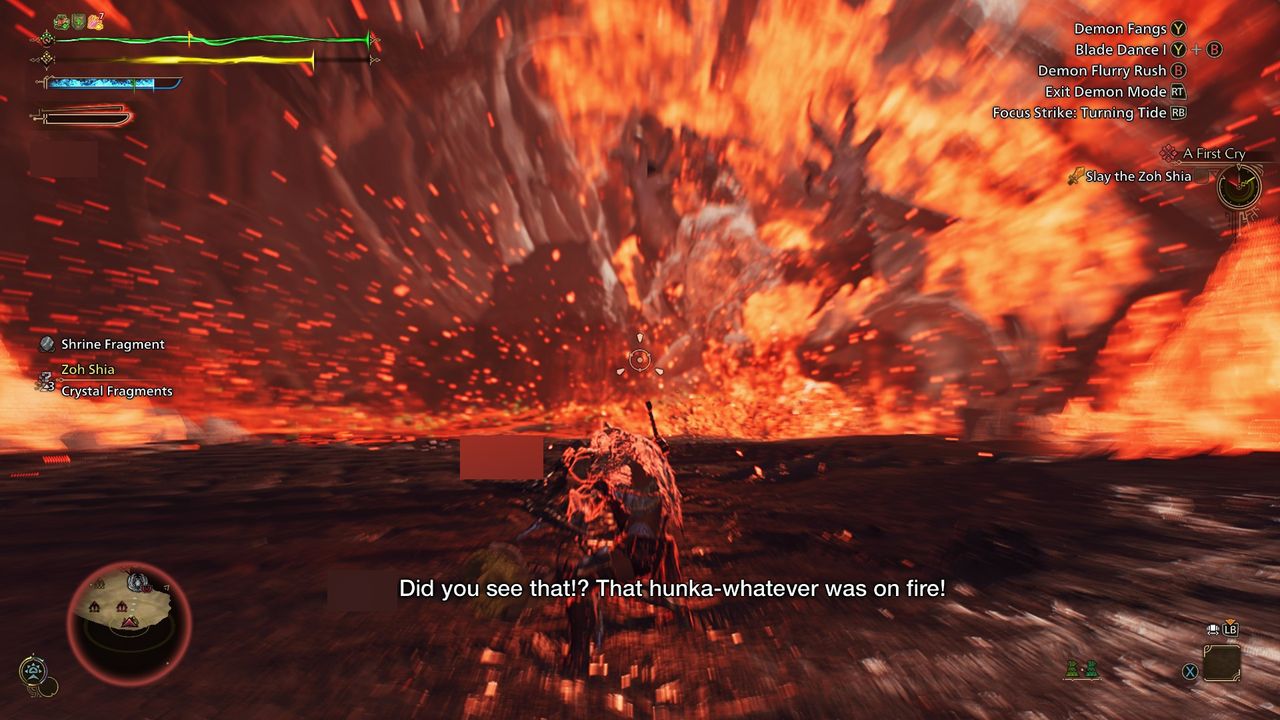 A battle with Zoh Shia in Monster Hunter Wilds, full of fire.