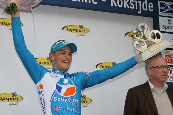 Steve Chainel (Bbox Bouygues Telecom) on the podium after taking the victory on stage 1 of the Three days of De Panne