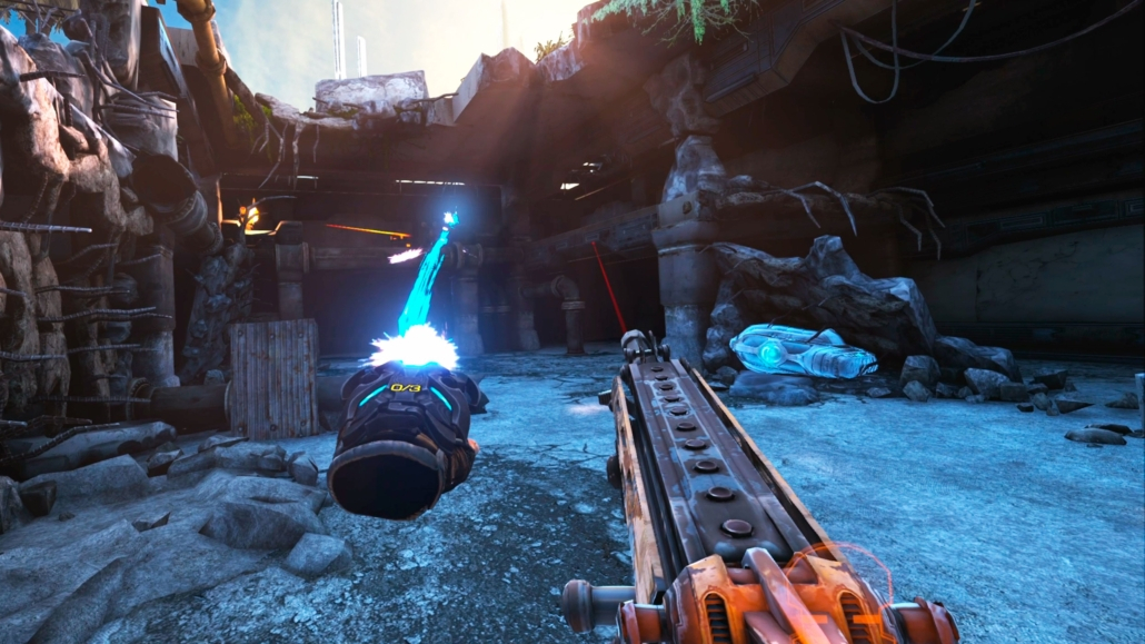 A Player holds a gun in one hand while the other is launching their Energy Lash whip at an unsuspecting foe in a derelict building