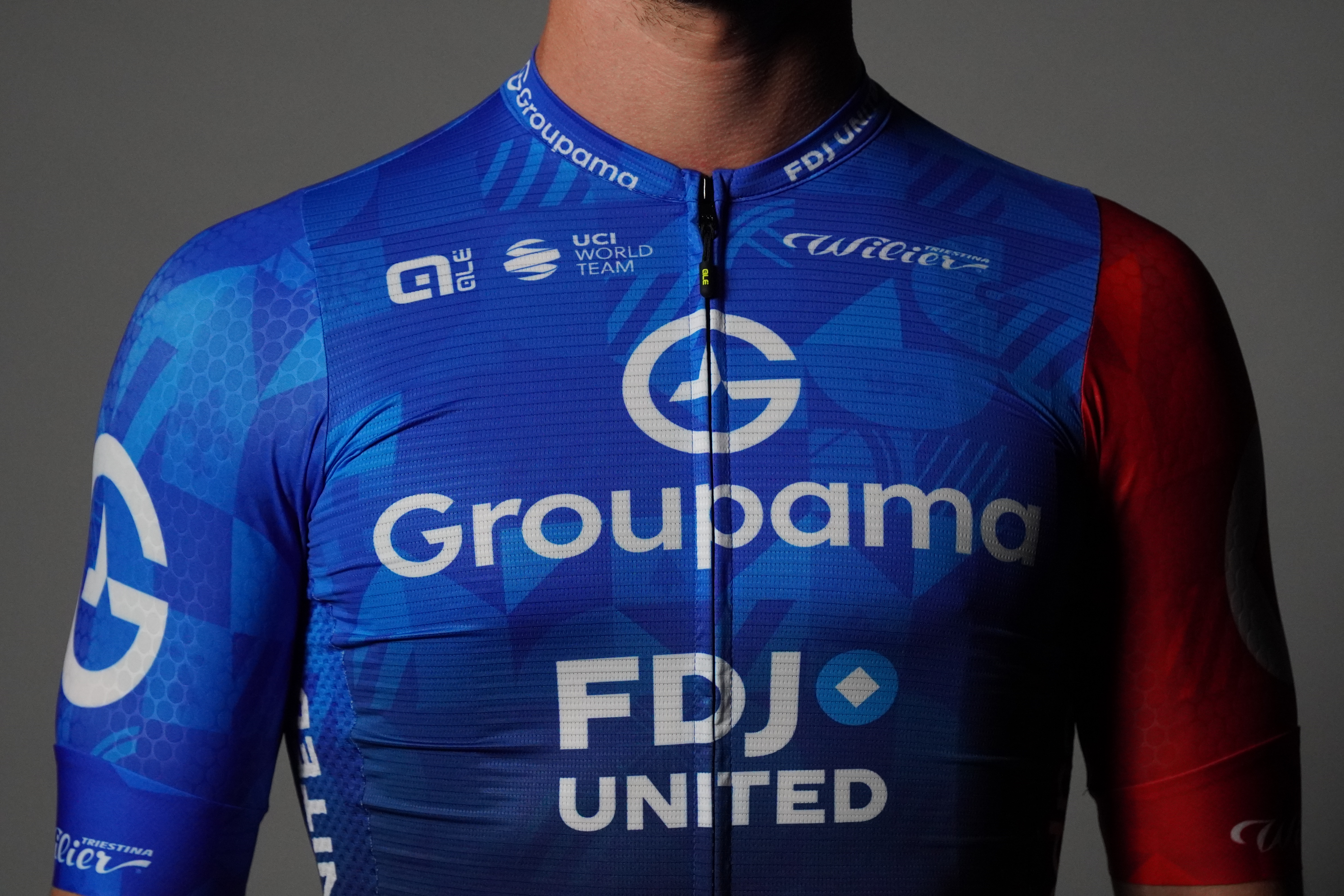 A close up of the new Groupama-FDJ jersey for the Tour de France