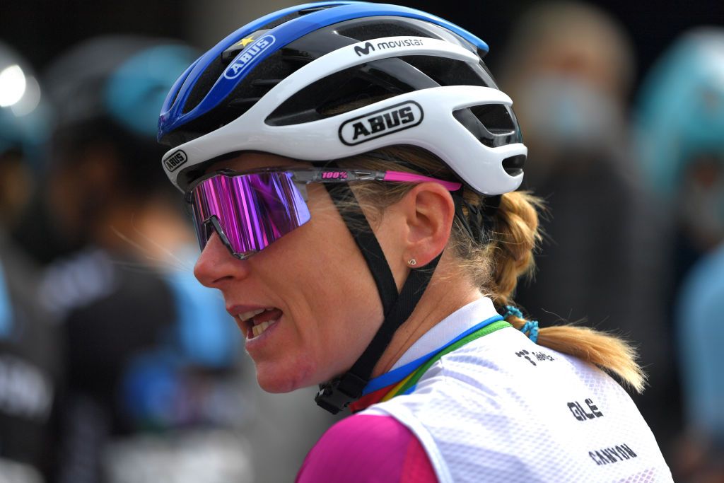 MYSEN NORWAY AUGUST 13 Annemiek Van Vleuten of Netherlands and Movistar Team Women Pink UCI Womens WorldTour Leader Jersey prior to the 7th Ladies Tour Of Norway 2021 Stage 2 a 145km stage from Askim to Mysen LTourOfNorway LTON21 UCIWWT on August 13 2021 in Mysen Norway Photo by Luc ClaessenGetty Images