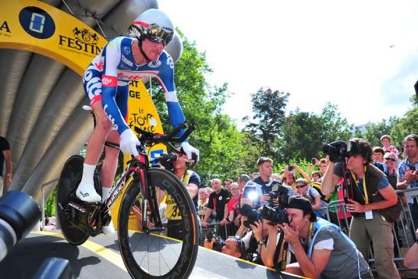 Jurgen Van den Broeck (Lotto-Belisol) begins his Tour de France campaign by rolling down the prologue start in Liege