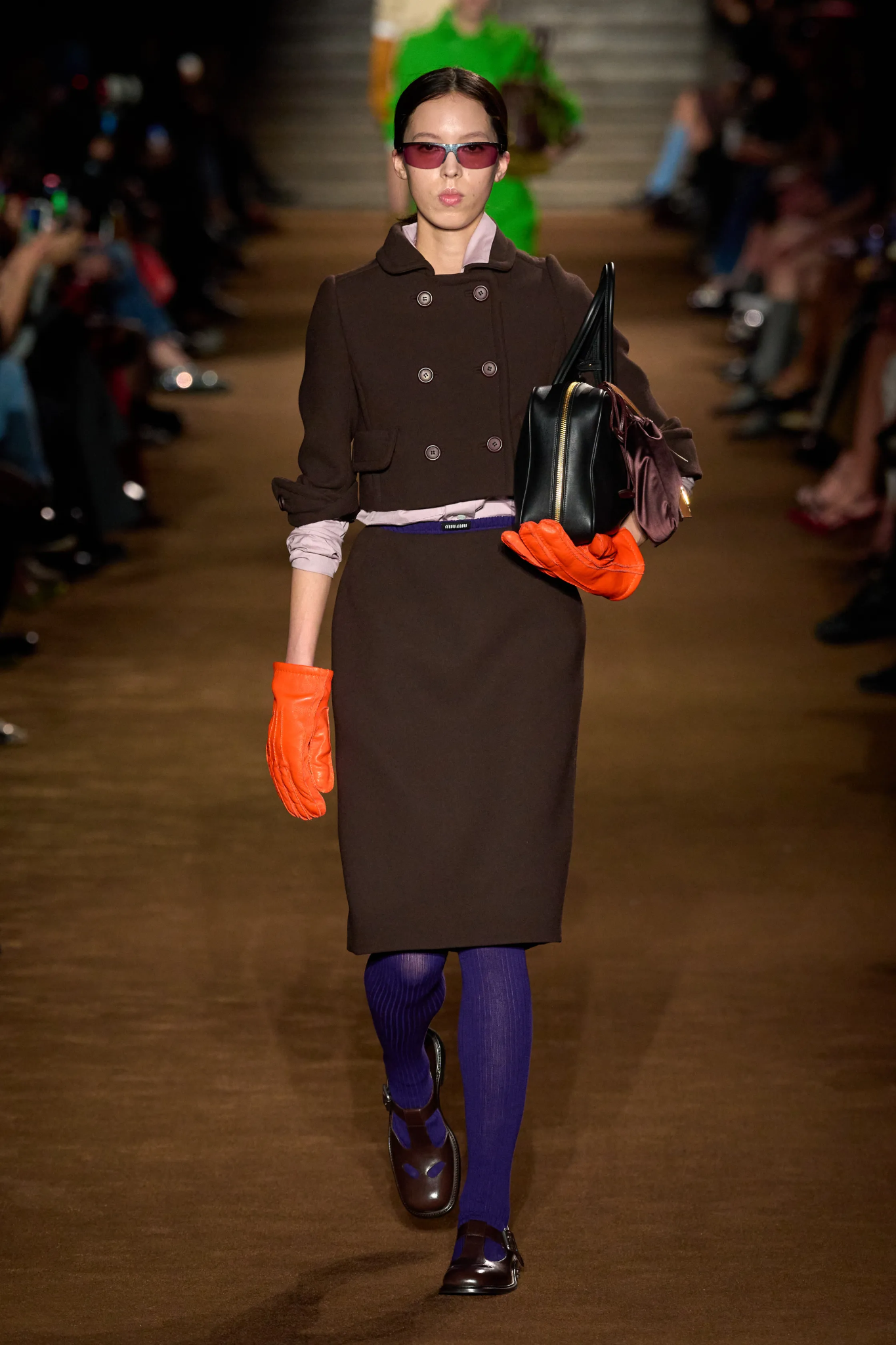 a Miu Miu Fall 2025 model wearing unexpected fall 2025 color combinations
