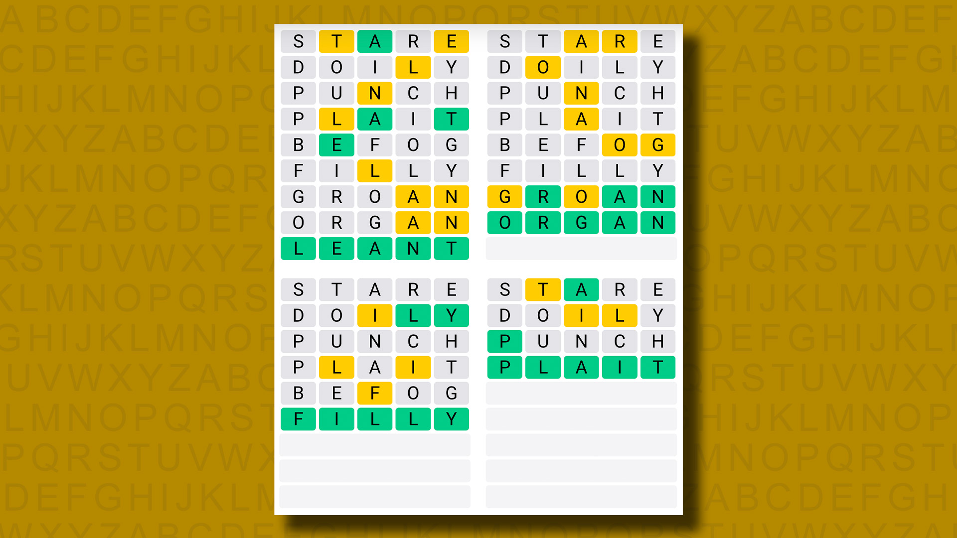 Quordle responde al juego 963 sobre un fondo amarillo