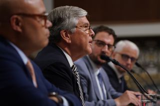 (From l.): NCTA CEO Michael Powell and NAB CEO Gordon Smith were joined by Free Press CEO Craig Aaron and Nielsen CEO David Kenney at a Senate hearing kicking off that body's consideration of STELAR. 