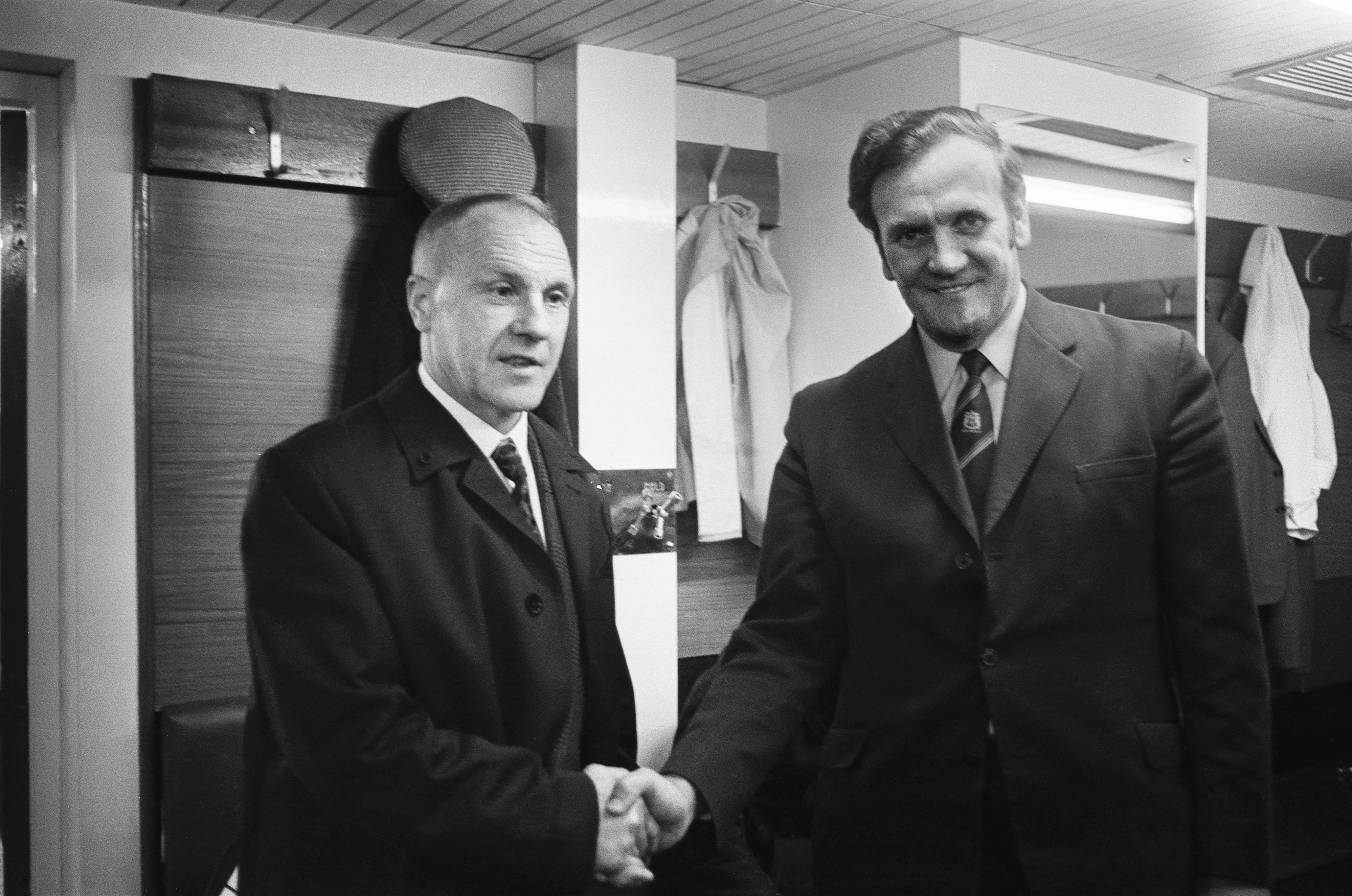 Liverpool manager Bill Shankly (left) is congratulated by Leeds United boss Don Revie after a 2-0 win leaves the Reds on the brink of the title in April 1973.
