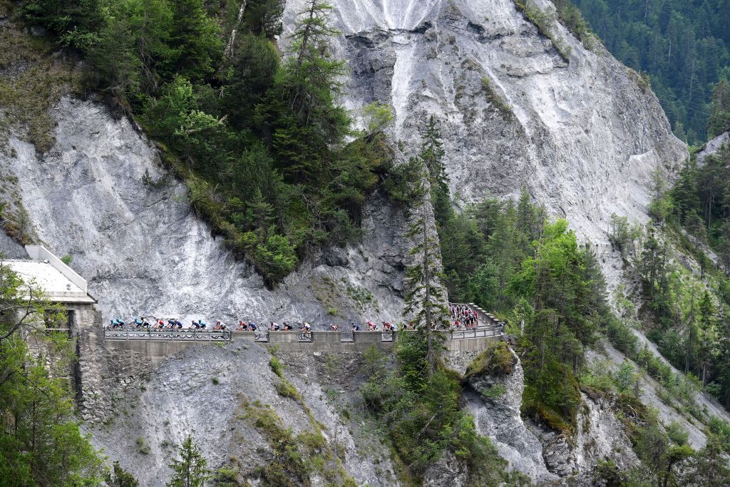 LA PUNT SWITZERLAND JUNE 15 A general view of the peloton competing during the 86th Tour de Suisse 2023 Stage 5 a 211km stage from Fiesch to La Punt 1696m UCIWT on June 15 2023 in La Punt Switzerland Photo by Dario BelingheriGetty Images