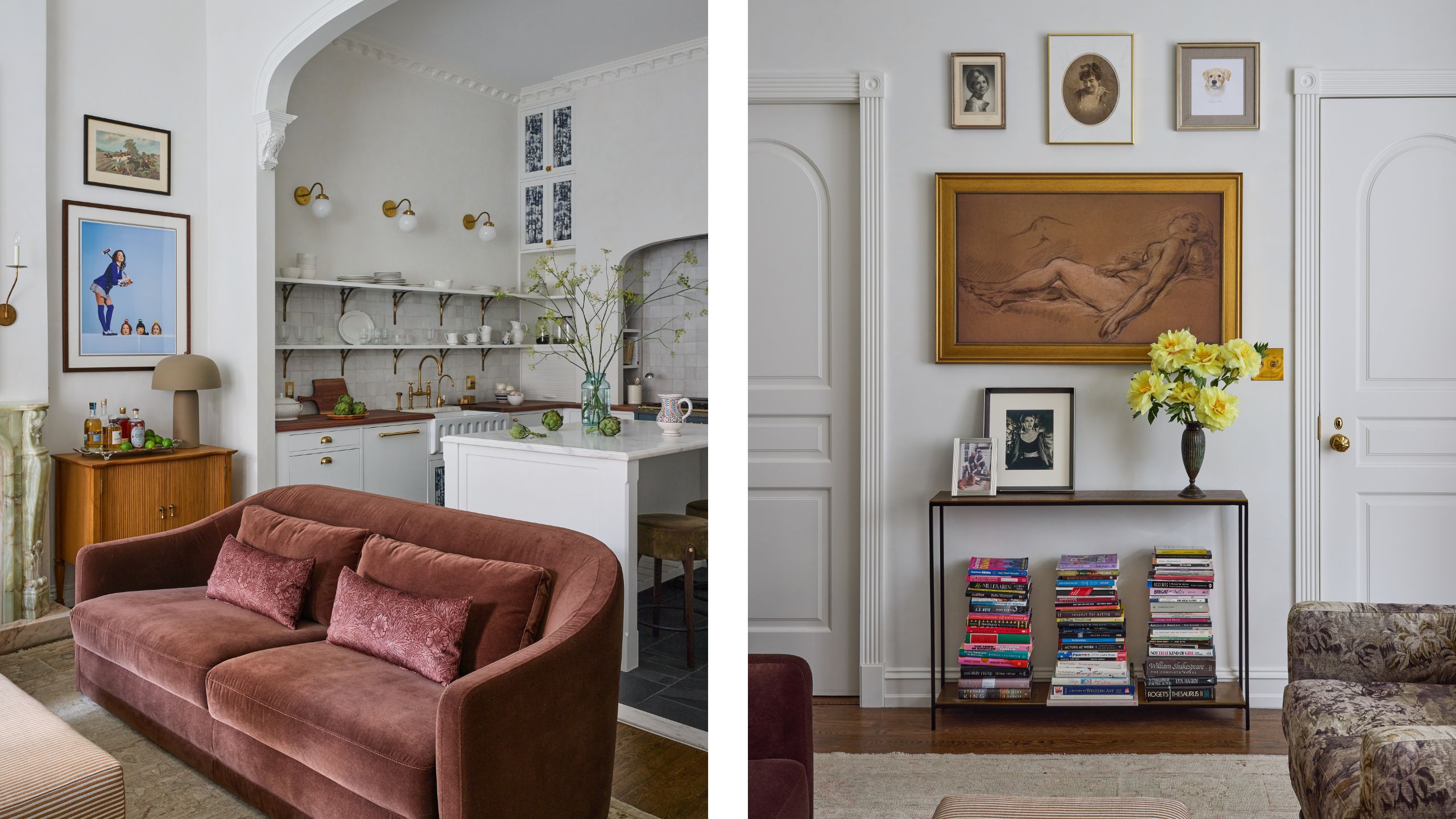two side by side images of a 1900s Brooklyn apartment living room with vintage furnishings and art