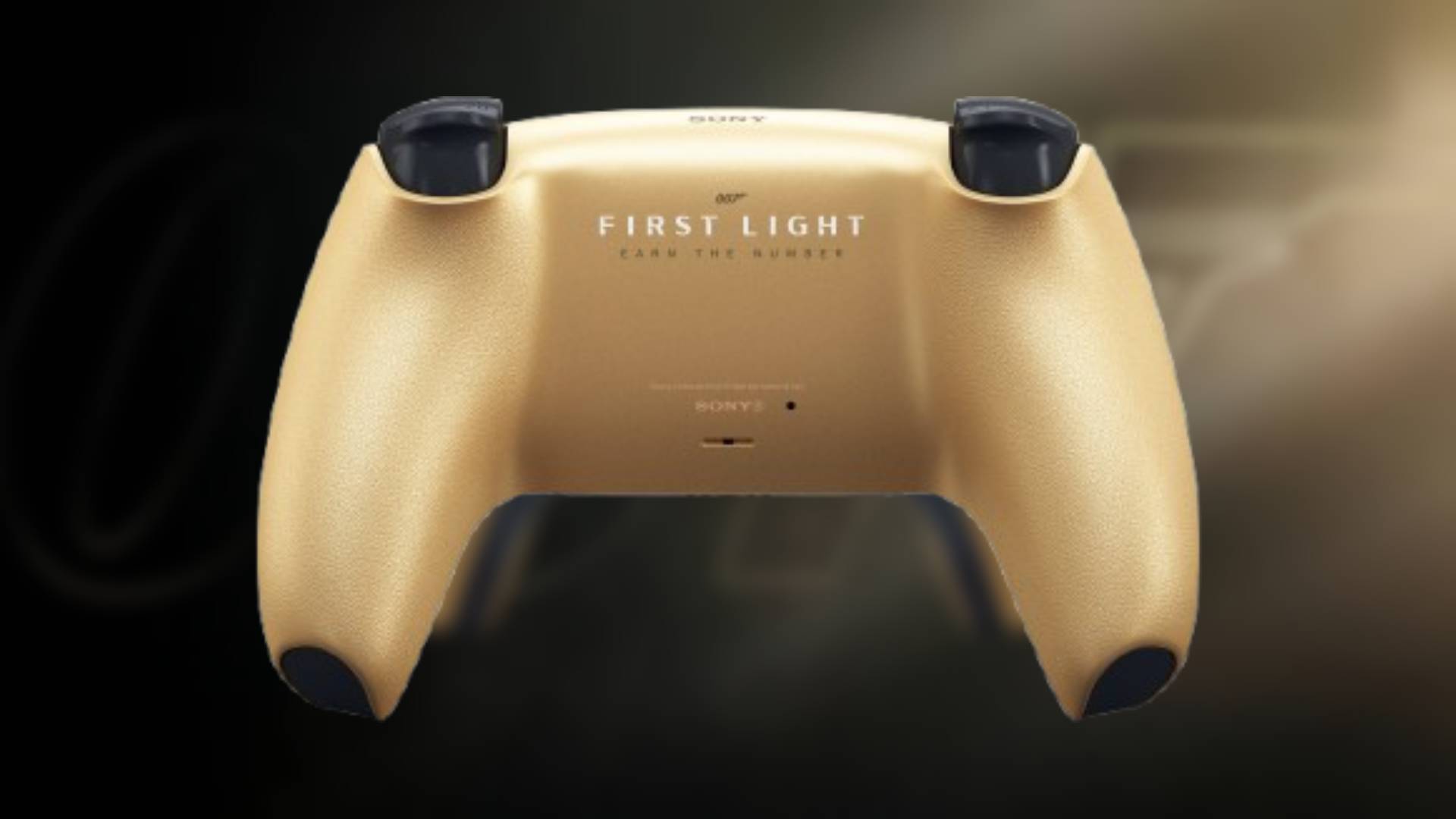 Image of the back of the 007 First Light DualSense controller with the 007 logo blurred behind it.