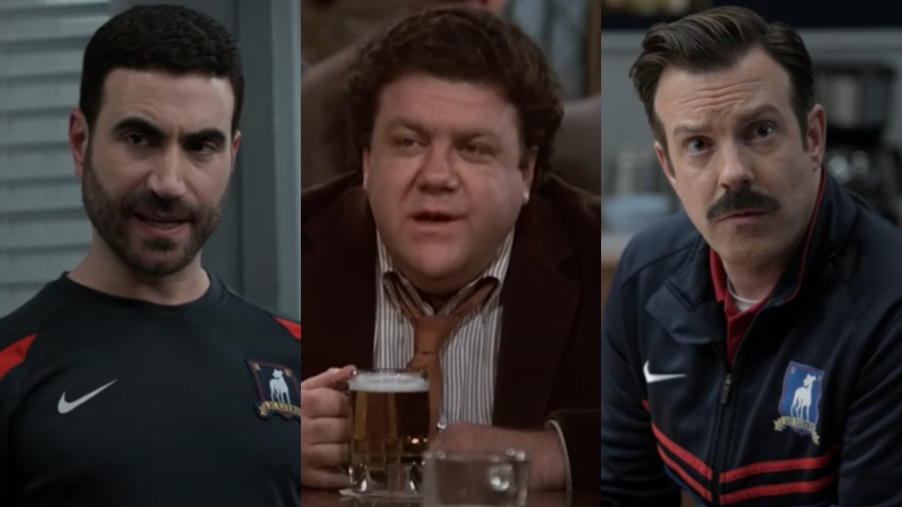 From left to right Brett Goldstein on Ted Lasso, George Wendt on Cheers and Jason Sudeikis on Ted Lasso.