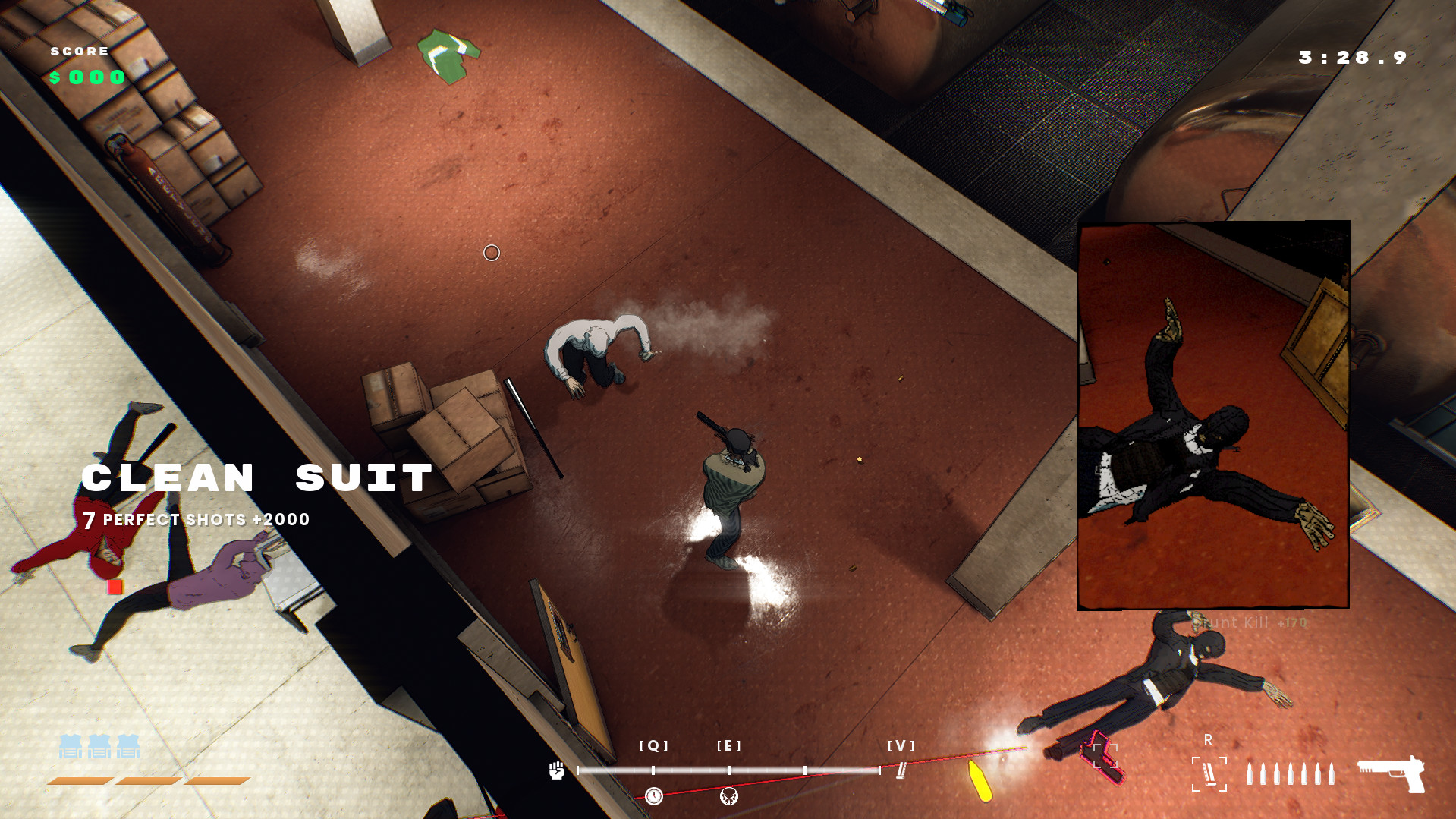 A top-down screenshot of Suit for Hire where the player is surrounded by four enemy gunmen but is on a 7-kill streak