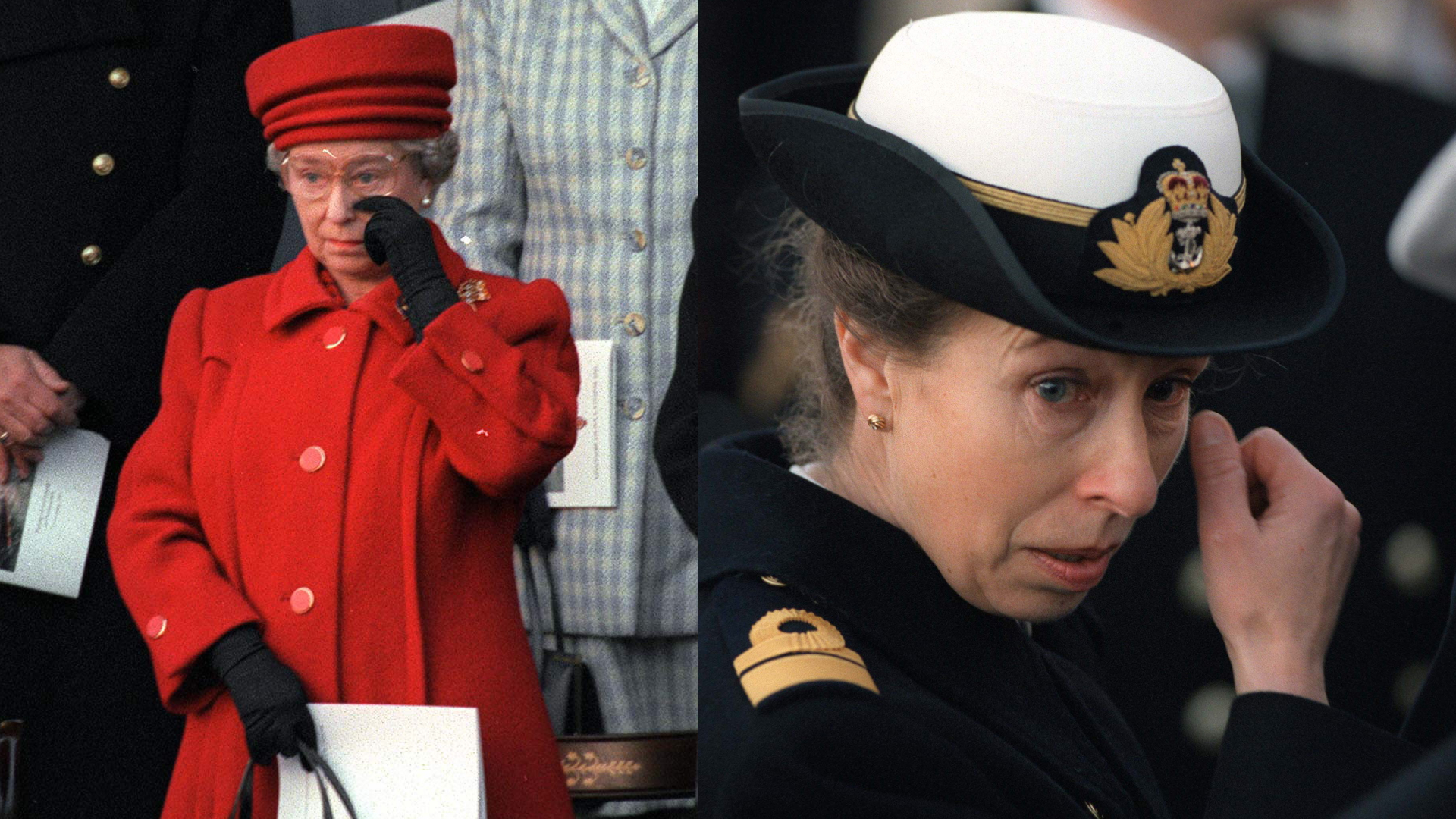 Queen Elizabeth wearing a red coat crying and Princess Anne in a naval uniform crying