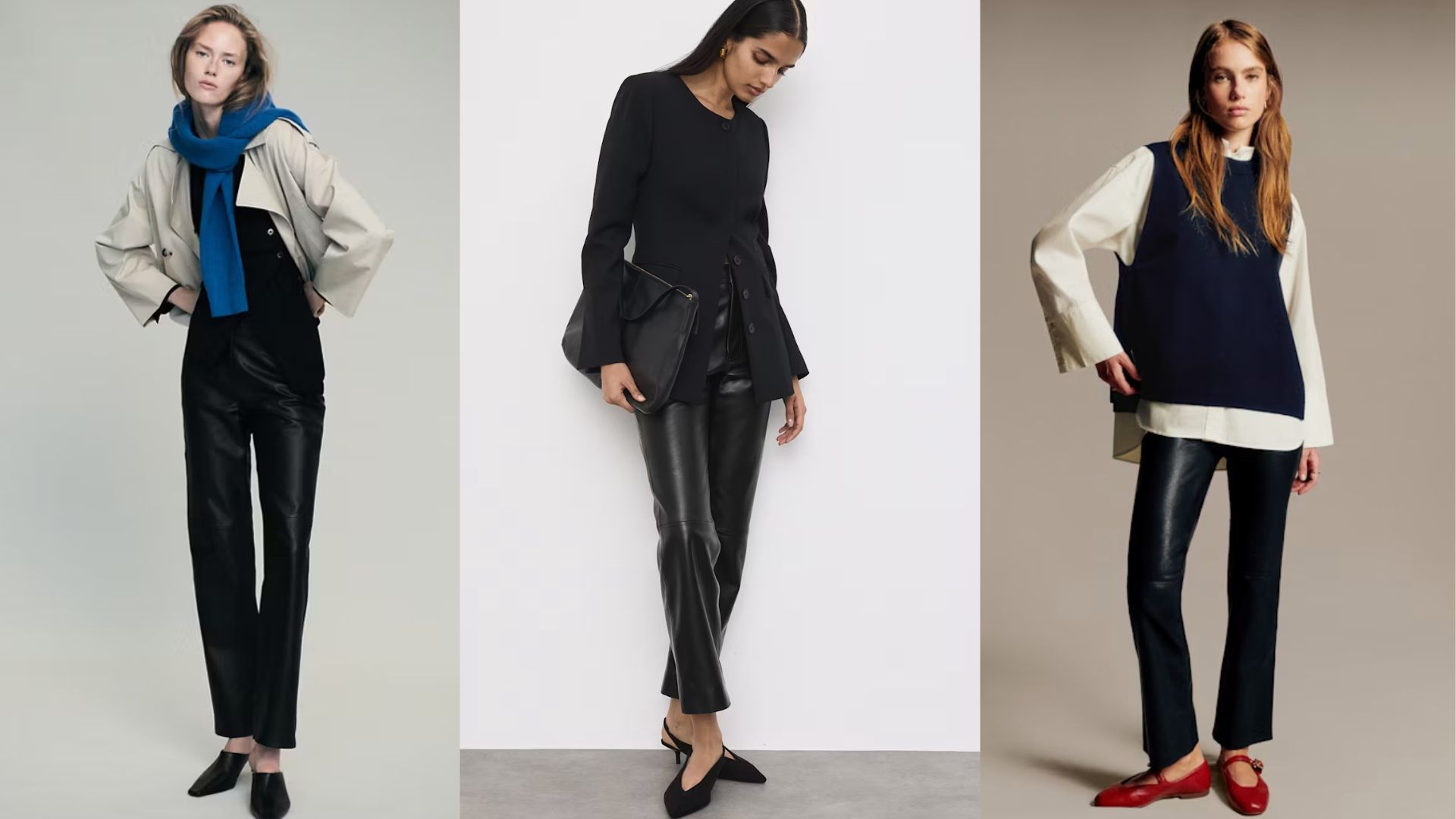 three models in leather trousers