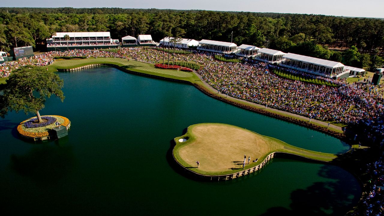 The 17th island green at TPC Sawgrass pictured from above