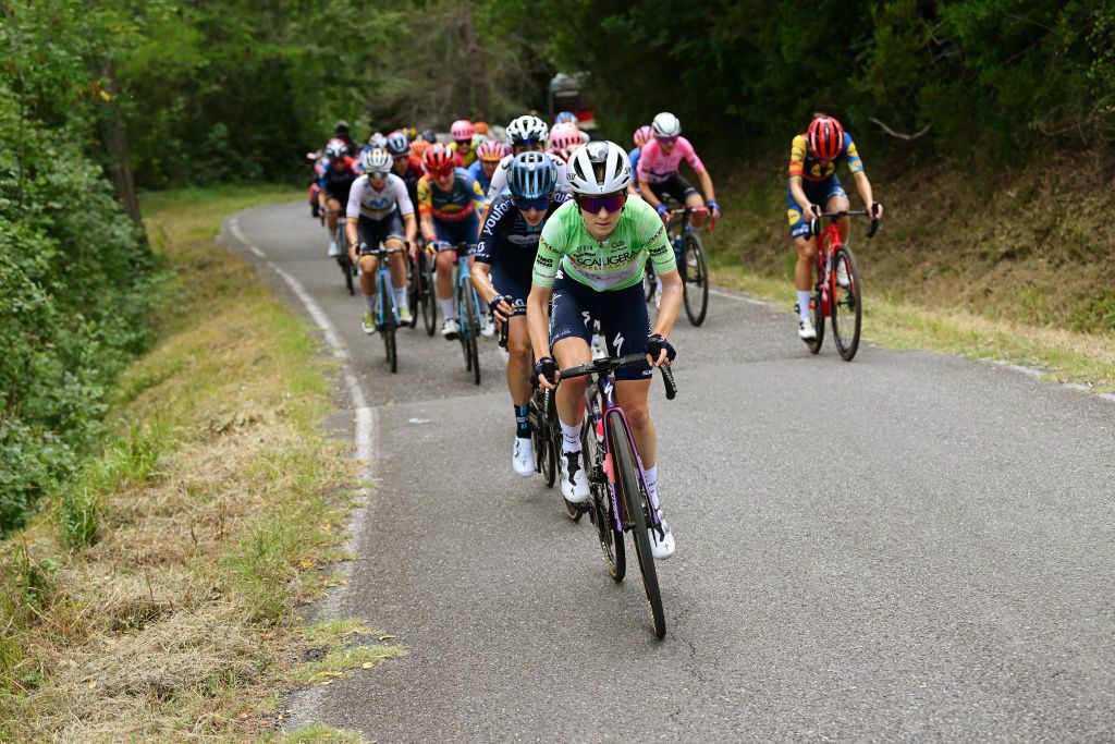 ALASSIO ITALY JULY 06 Niamh FisherBlack of New Zealand and Team SD Worx Green Mountain Jersey competes in the chase group during the 34th Giro dItalia Donne 2023 Stage 7 a 1091km stage from Albenga to Alassio Santuario della Guardia 551m UCIWWT on July 06 2023 in Alassio Italy Photo by Dario BelingheriGetty Images