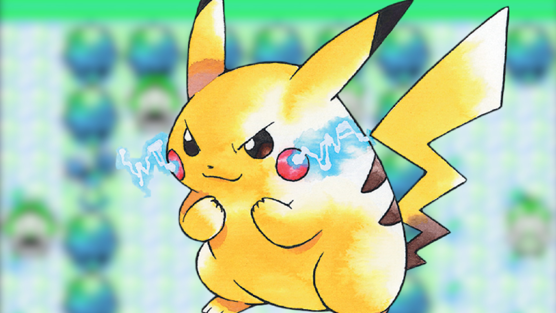 Official art of Pikachu from Pokemon Yellow in front of a blurred background