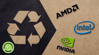 A recycle logo on a cardboard box with the AMD, Intel, and Nvidia logos