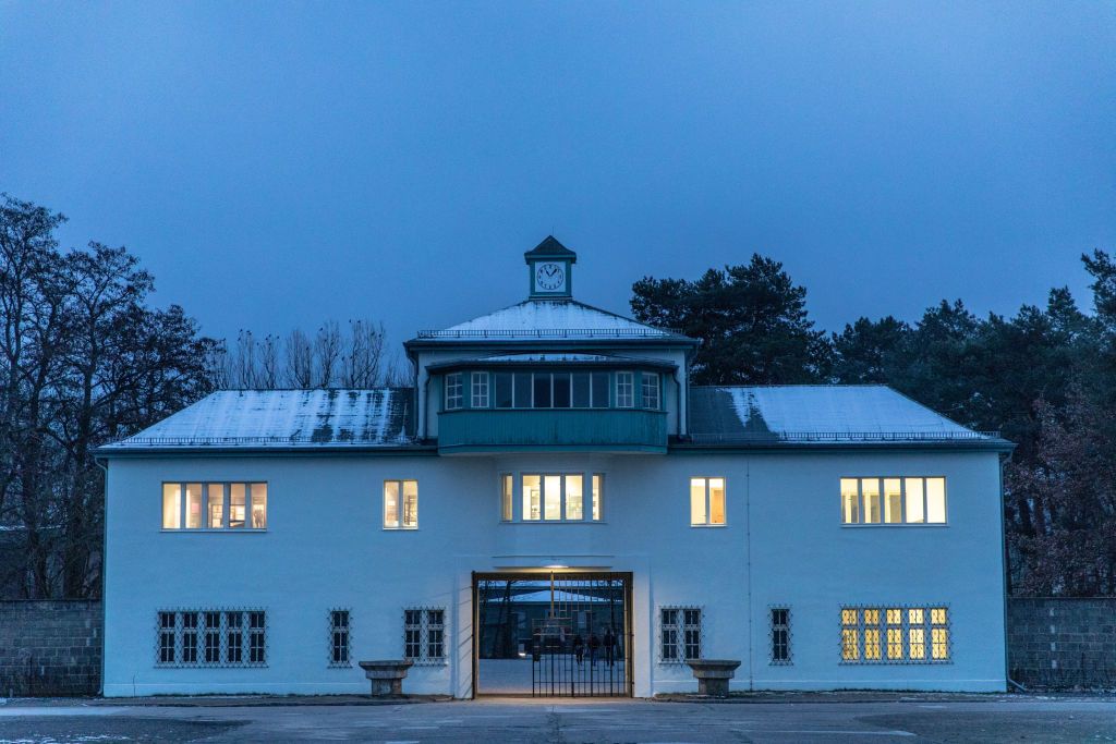 The main gate at the Sachsenhausen concentration camp.