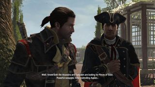 Shay talsk with Haytham Kenway in Assassin's Creed Rogue Remastered, discussing the Assassins and Templars' quests to locate the Pieces of Eden