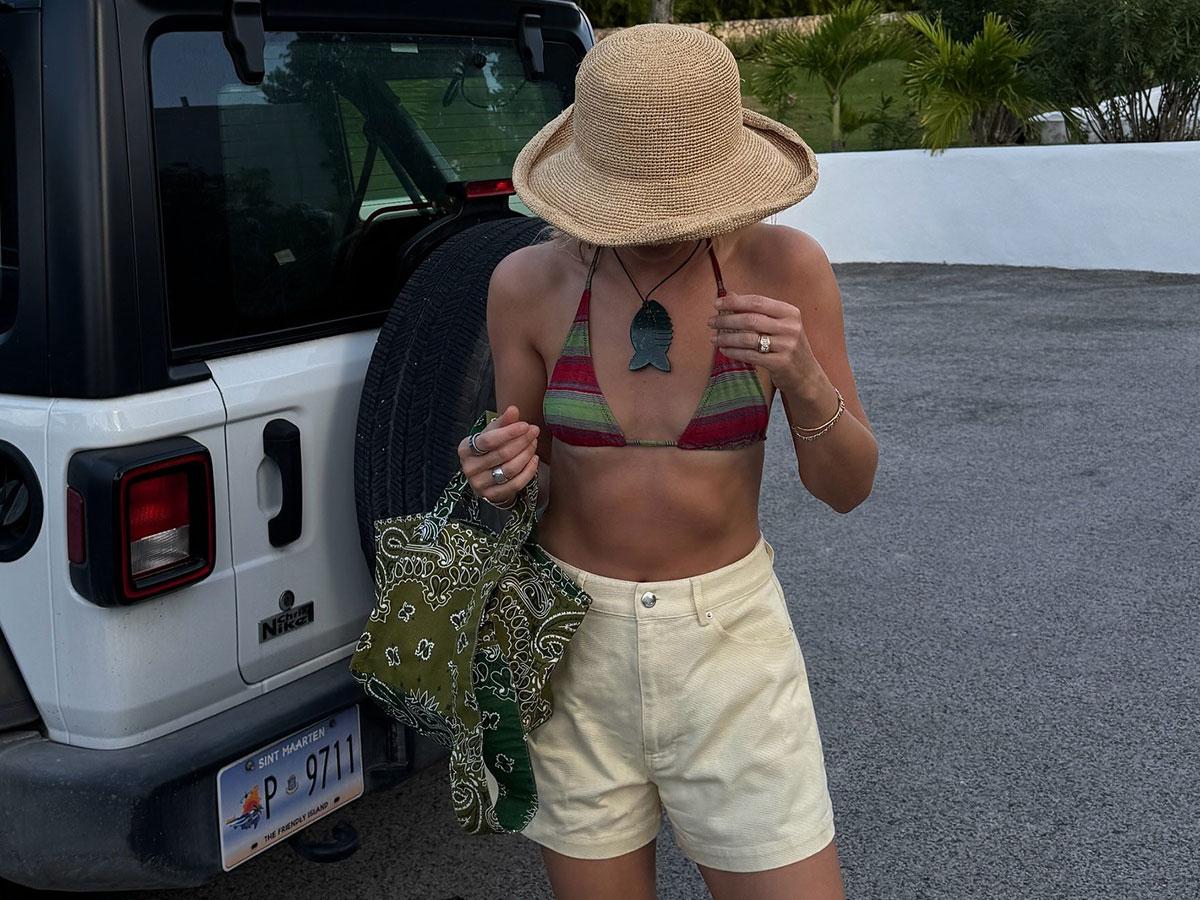 @lucywilliams02 summer outfit bikini and green bandana print bag