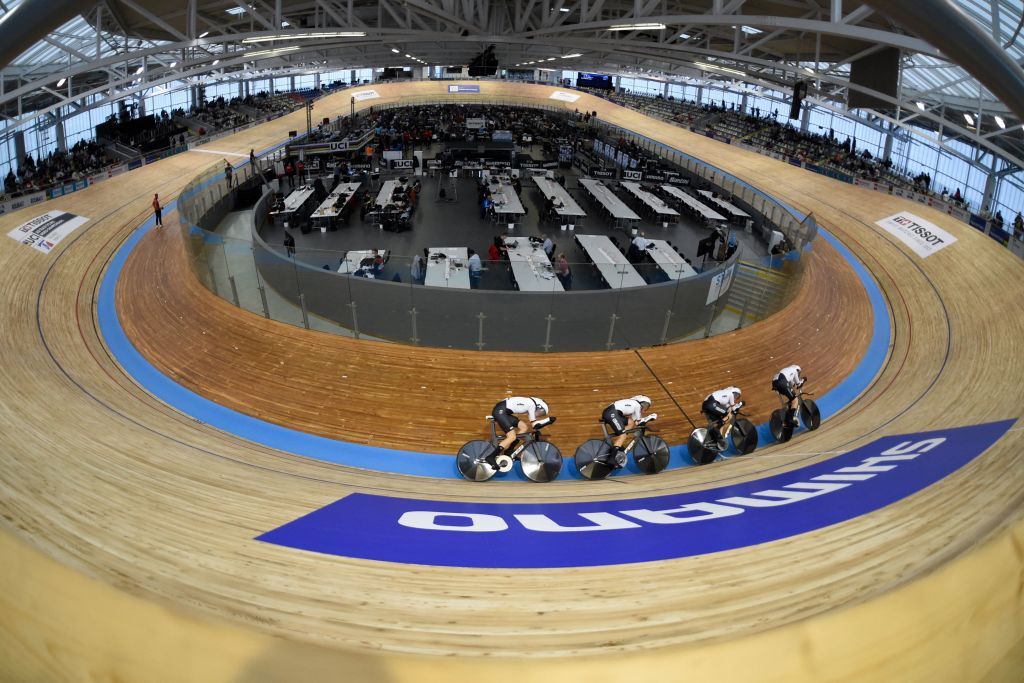 German teams members Franziska Brausse Lisa Brennauer Mieke Kroger and Laura Suessemilch compete in the womens Team Pursuit qualifying during the UCI Track Cycling World Championships at JeanStablinski velodrome in Roubaix northern France on October 20 2021 Photo by FRANCOIS LO PRESTI AFP Photo by FRANCOIS LO PRESTIAFP via Getty Images