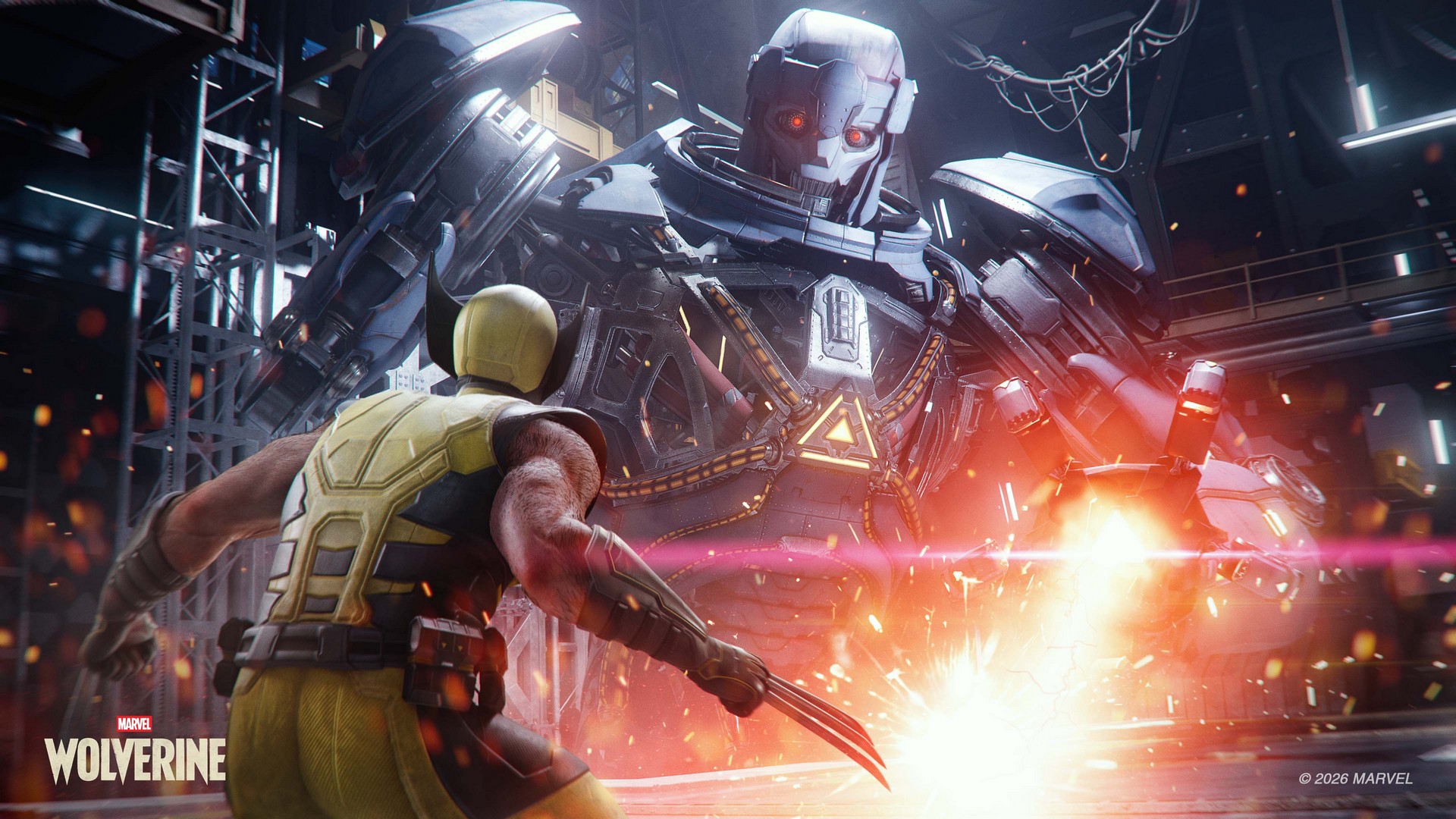 Wolverine faces a Sentinel in Marvel's Wolverine for PS5 who is shooting a red laser