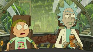 Rick and Morty inside Rick's spaceship as acid rain pours outside.