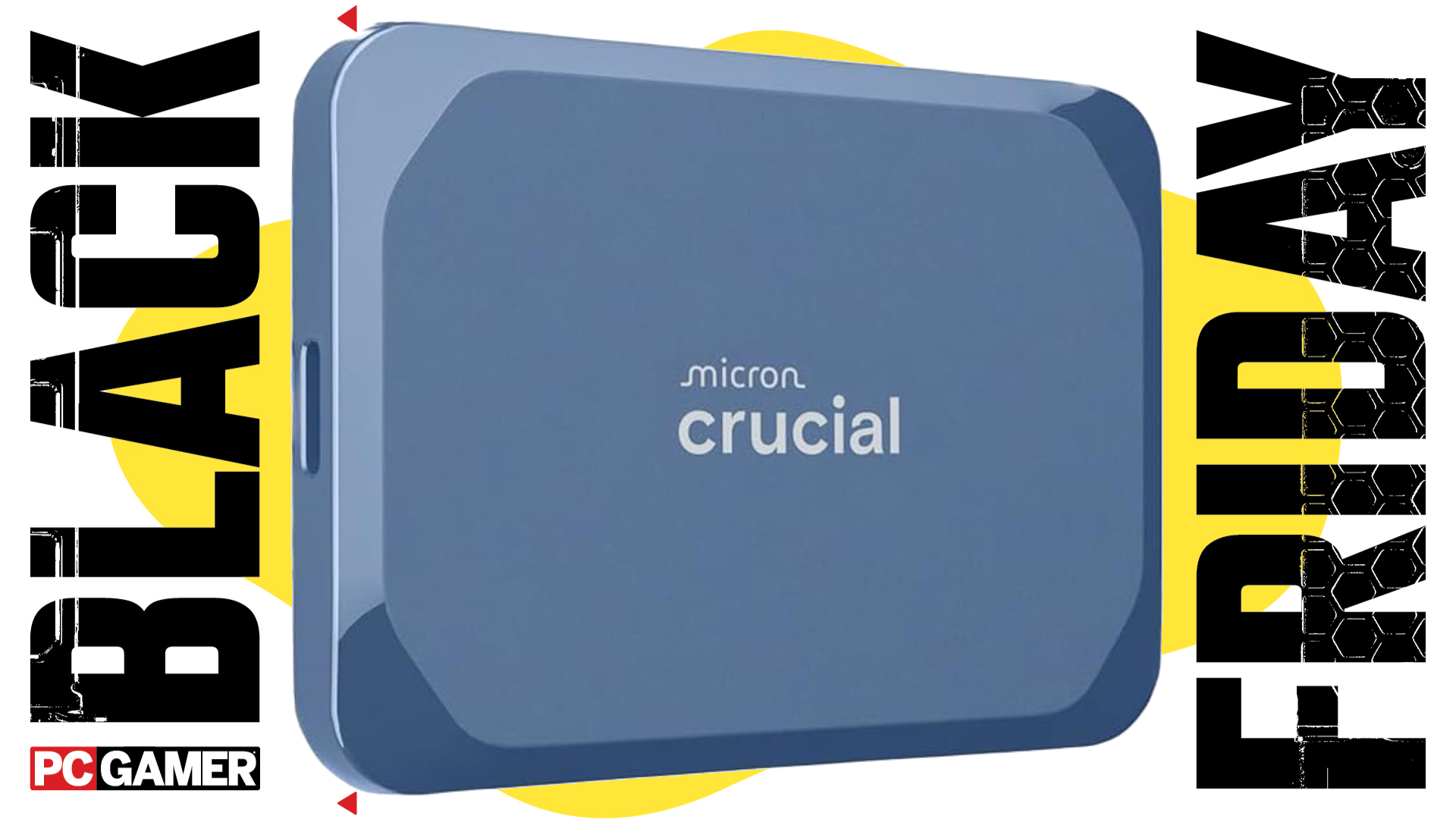 The blue version of the Crucial X10 8 TB portable SSD floats in the funky Black Friday deal void.