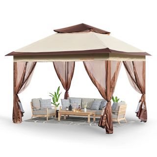 taupe and brown gazebo with drapes 