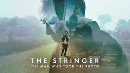 A collage featuring a road, an elderly man, and scenes of photographers discussing images, highlighting themes of photojournalism