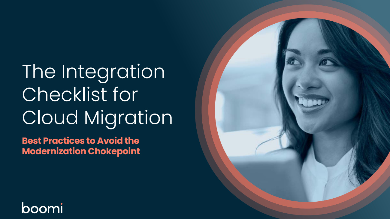 A whitepaper from Boomi with checklist for cloud migration, with image of smiling female worker on the cover