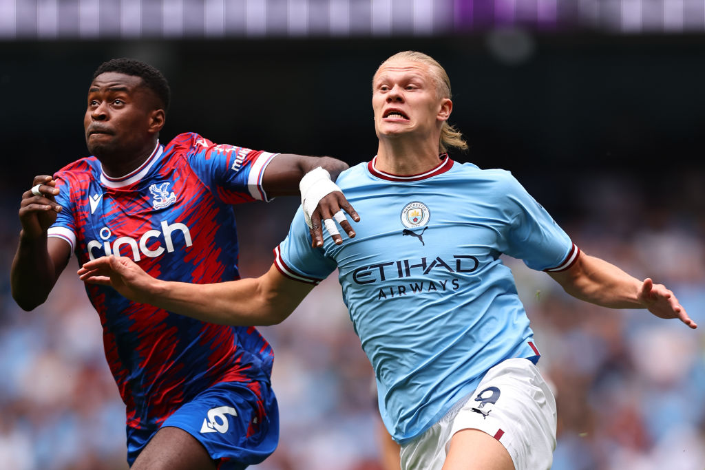Marc Guehi and Erling Haaland do battle for Crystal Palace and Manchester City
