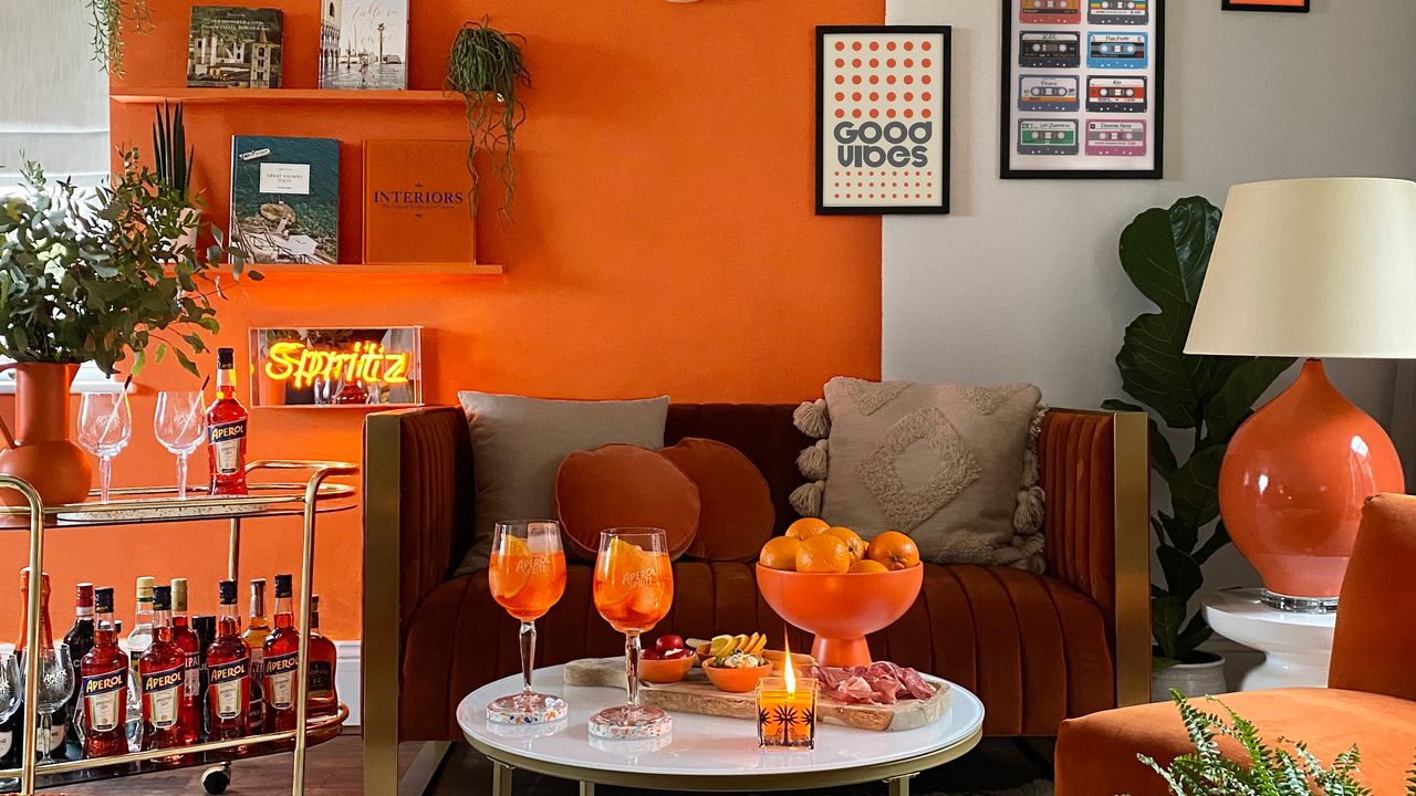 Aperol A Casa Capsule, orange interior collection by Aperol, living room designed by Italian liquor manufacturer 