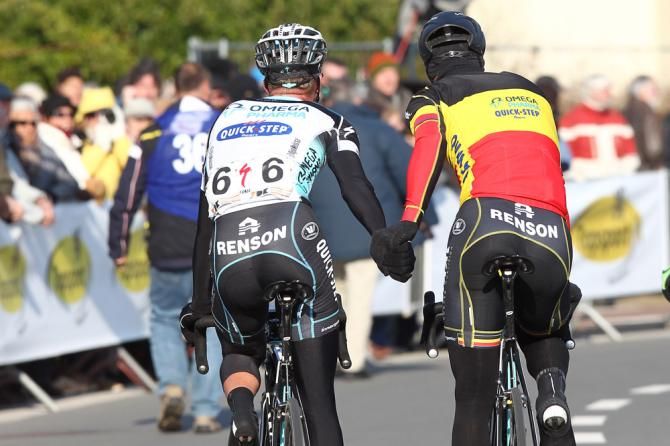 Omega Pharma-QuickStep teammates Iljo Keisse, left, and Tom Boonen provided plenty of horsepower in the finale for Mark Cavendish.