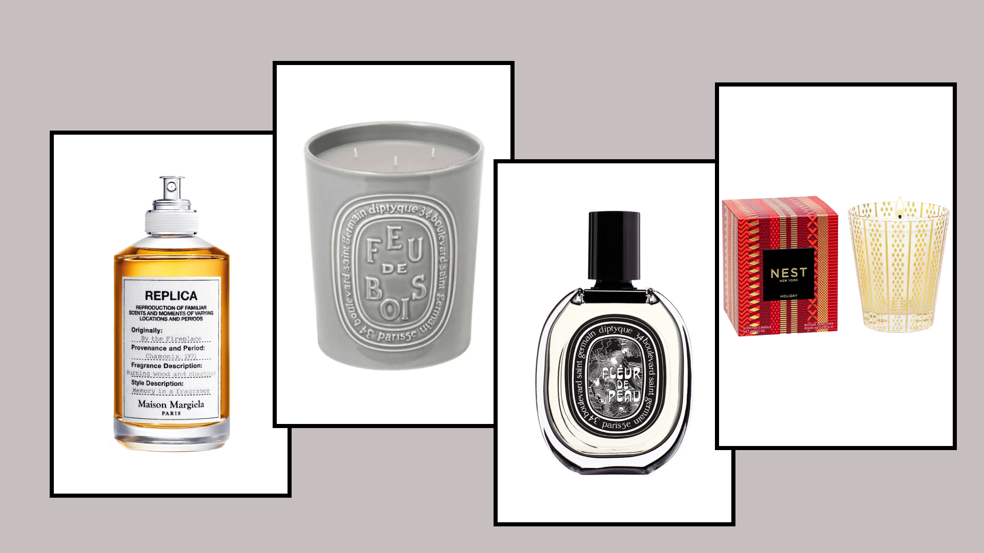 Product collage of maison margiela replica by the fireplace perfume, diptyque Feu De Bois (wood Fire) Candle, diptyque Fleur De Peau Eau De Parfum, nest new york holiday candle on white background with black border overlaid on gradient background