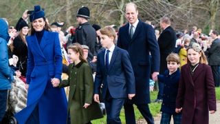 Catherine, Princess of Wales, Princess Charlotte of Wales, Prince George of Wales, Prince William, Prince of Wales, Prince Louis of Wales and Mia Tindall attend Christmas Morning Service in 2023