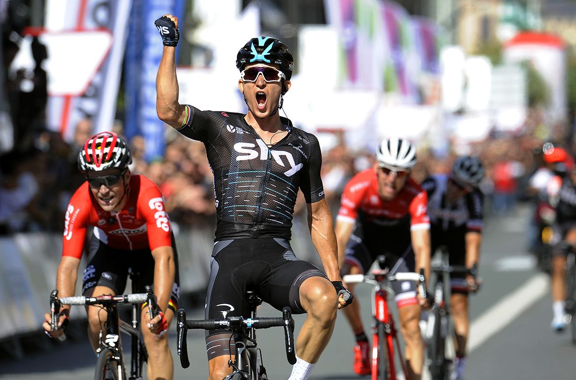 Michal Kwiatkowski celebrates victory at the Clasica San Sebastian.