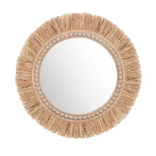 Laurel Foundry Modern Farmhouse® Rina Round Rattan Wall Mirror decorated with rattan and beads