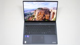 Acer Swift 16 AI (Intel) open on a white background shot from above showing the display, keyboard, and touchpad.