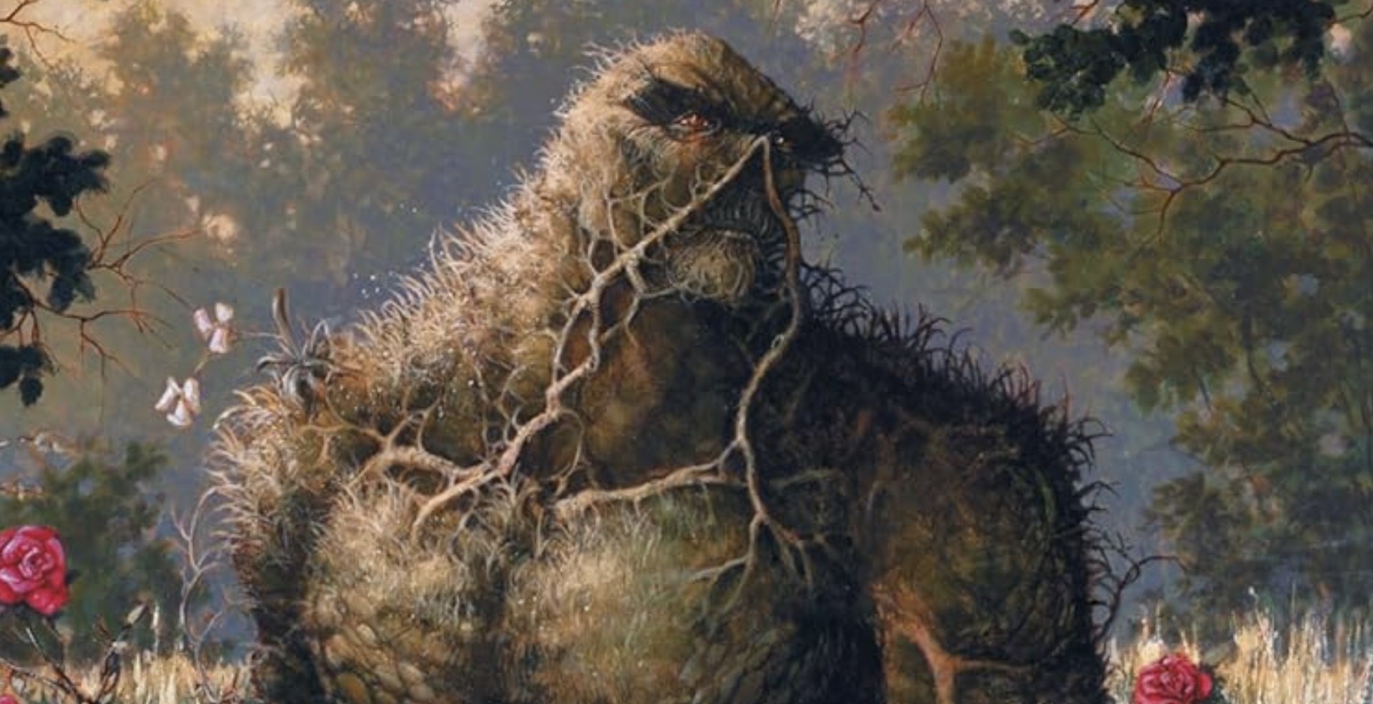 Swamp Thing standing in field of flowers on cover of DC's Swamp Thing by Rick Veitch Book Three: Time Upon a Once
