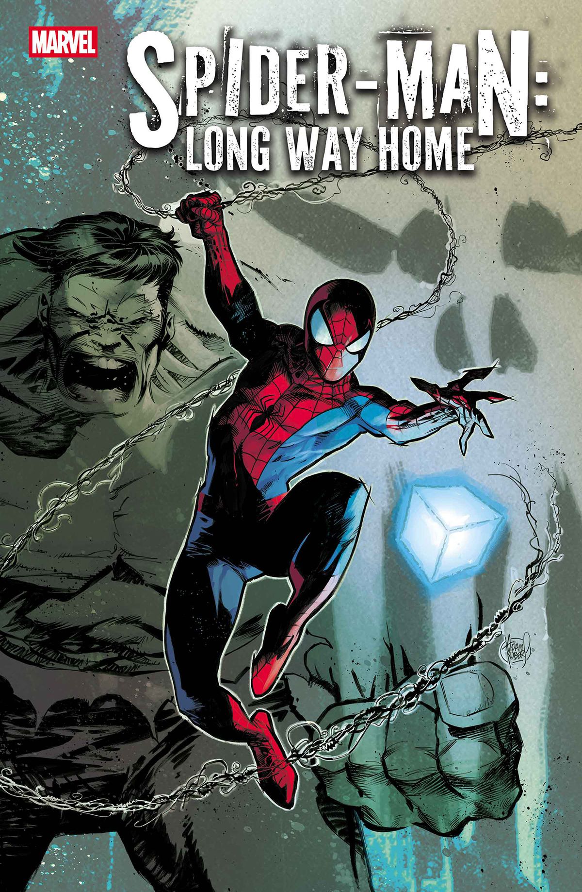 Spider-Man reaching for the Cosmic Cube with Hulk raging behind him against a backdrop of Punisher's skull logo