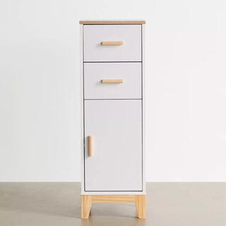 A grey and wooden narrow cabinet