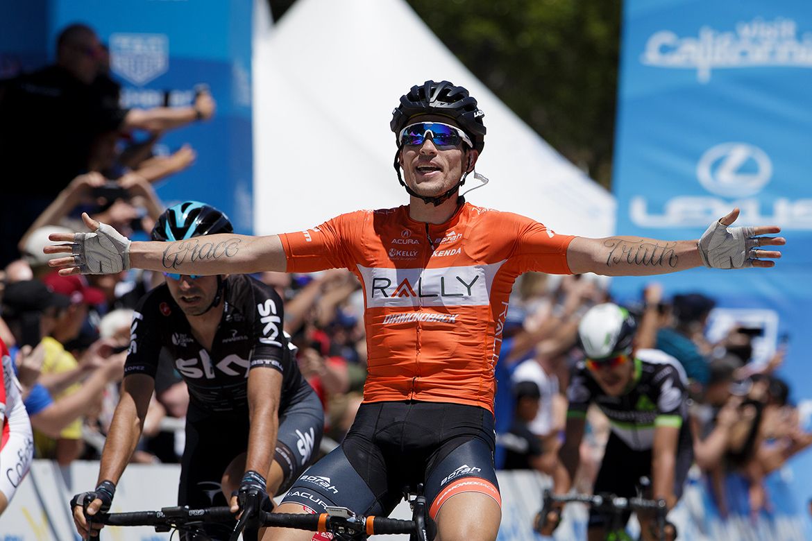 Evan Huffman celebrates his second stage win of the week