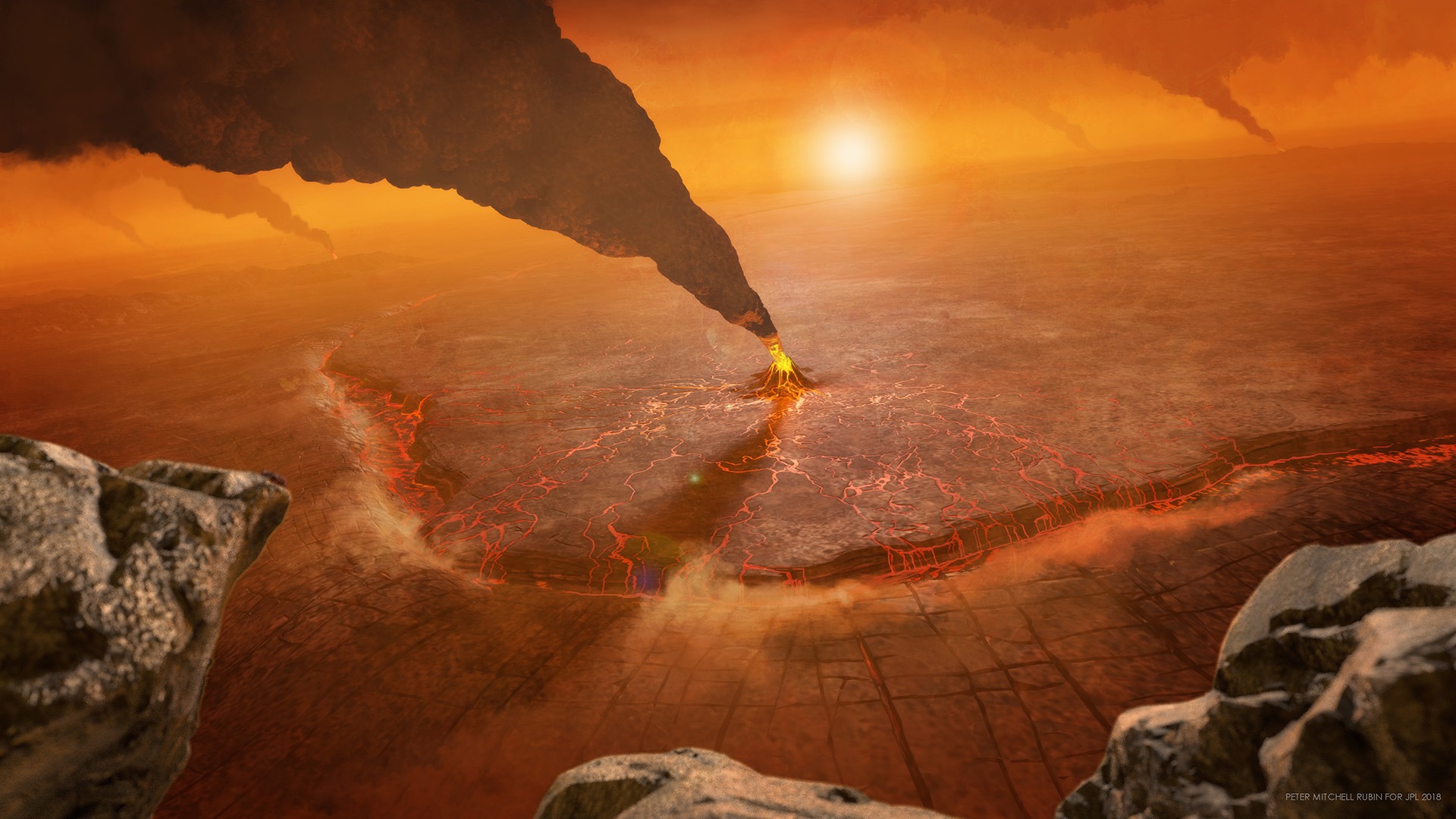 a volcano erupts, sending a dense plume of smoke into the sky above a red, hellish landscape