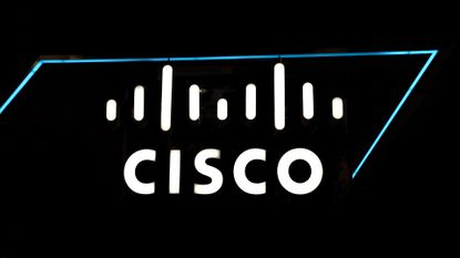 Cisco logo and branding pictured at the networking company's vendor stall at Mobile World Congress (MWC) 2023.
