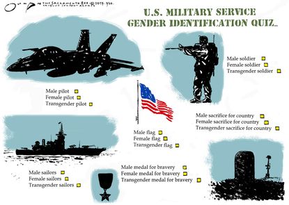 Political cartoon U.S. Trump military transgender soldiers