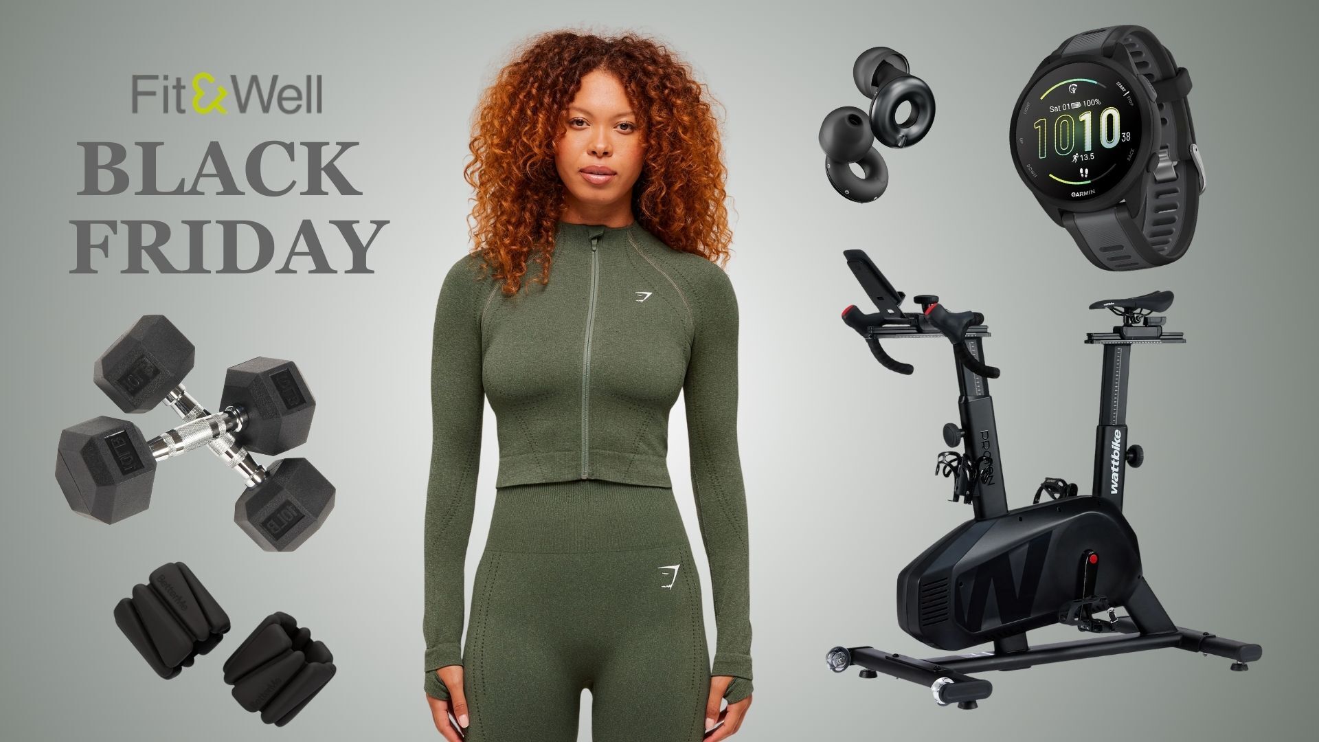 Woman in gym wear surrounded by fitness products. Text on the image reads: Fit&amp;Well Black Friday
